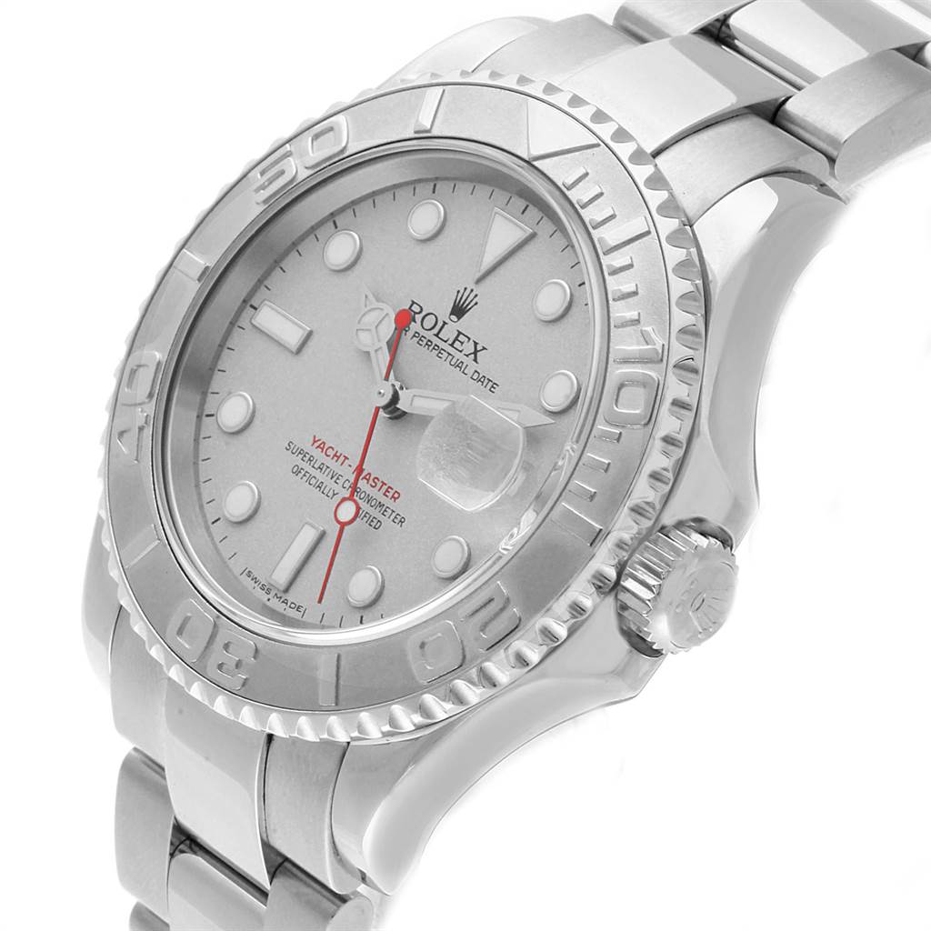 The image shows a side view of the face and bezel of a Rolex Yacht-Master 16622 Men's Stainless Steel Silver Dial 16622 Men's Stainless Steel Silver Dial watch, highlighting its crown and bracelet.