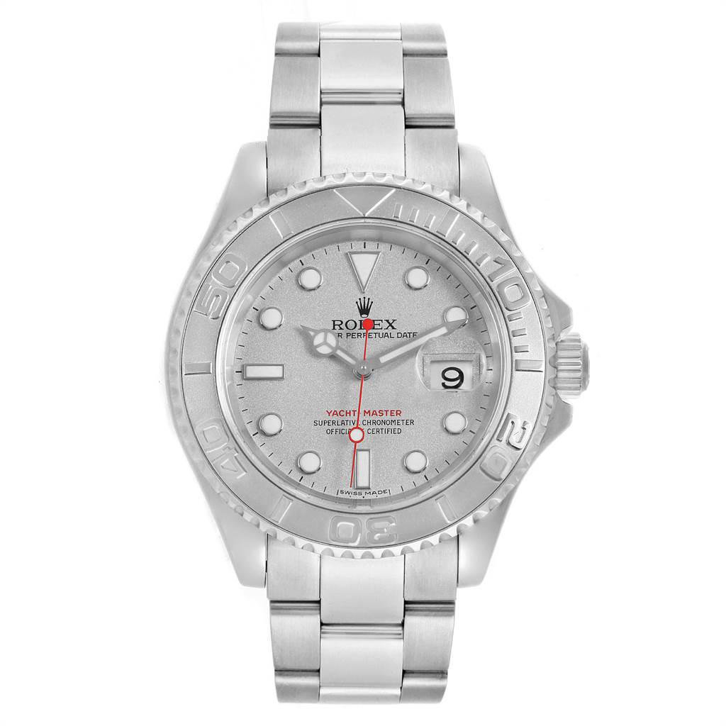 This image shows a frontal view of the Rolex Yacht-Master 16622 Men's Stainless Steel Silver Dial 16622 Men's Stainless Steel Silver Dial watch, highlighting the dial, bezel, and bracelet.