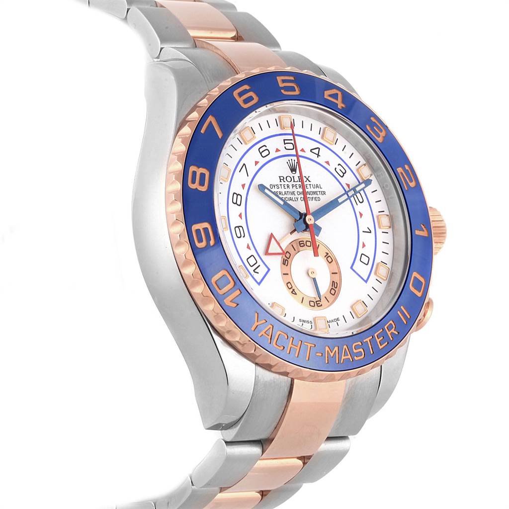 The Rolex Yacht-Master 116681 Men's Steel and Gold (two tone) White Dial 116681 Men's Steel and Gold (two tone) White Dial watch is shown at a slight angle displaying its face, bezel, and part of the metal bracelet.