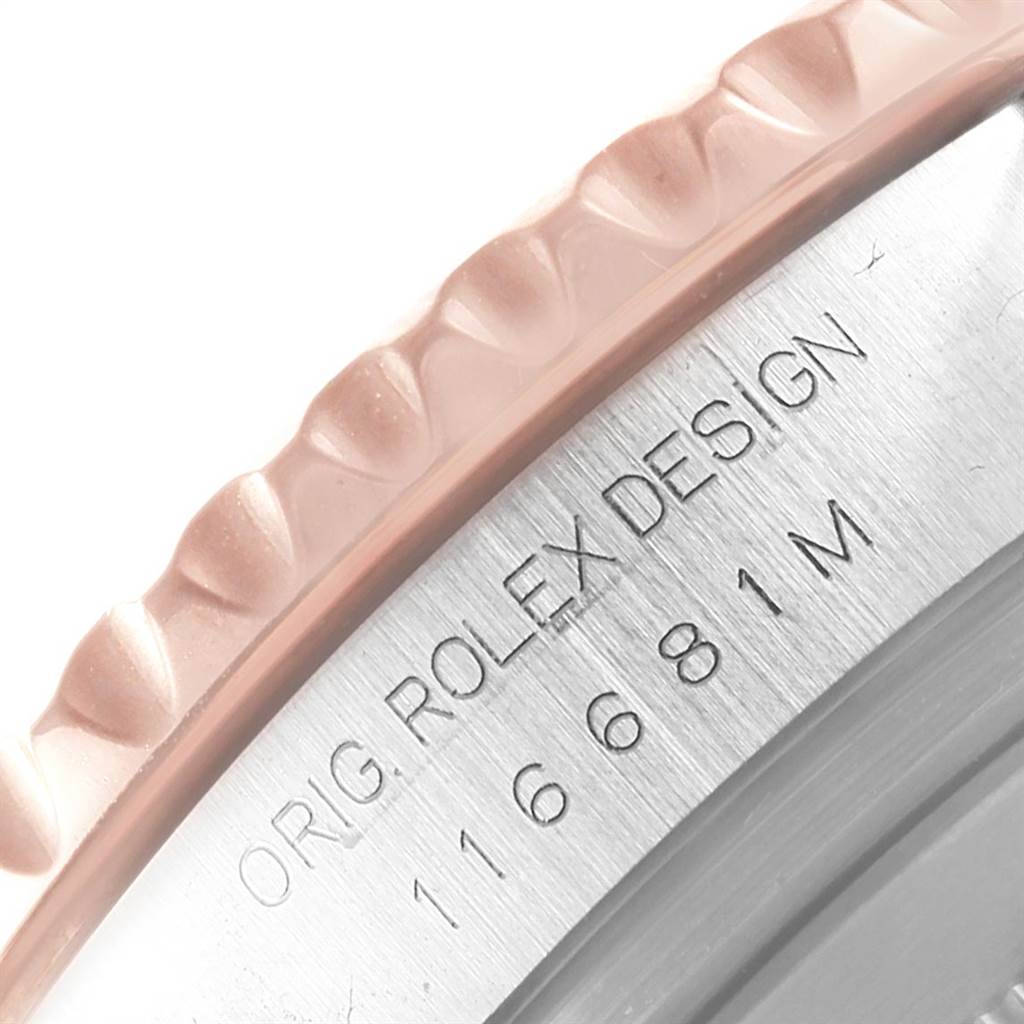 The image shows a close-up of the bezel and side of a Rolex Yacht-Master 116681 Men's Steel and Gold (two tone) White Dial 116681 Men's Steel and Gold (two tone) White Dial watch, highlighting the engraved model number.