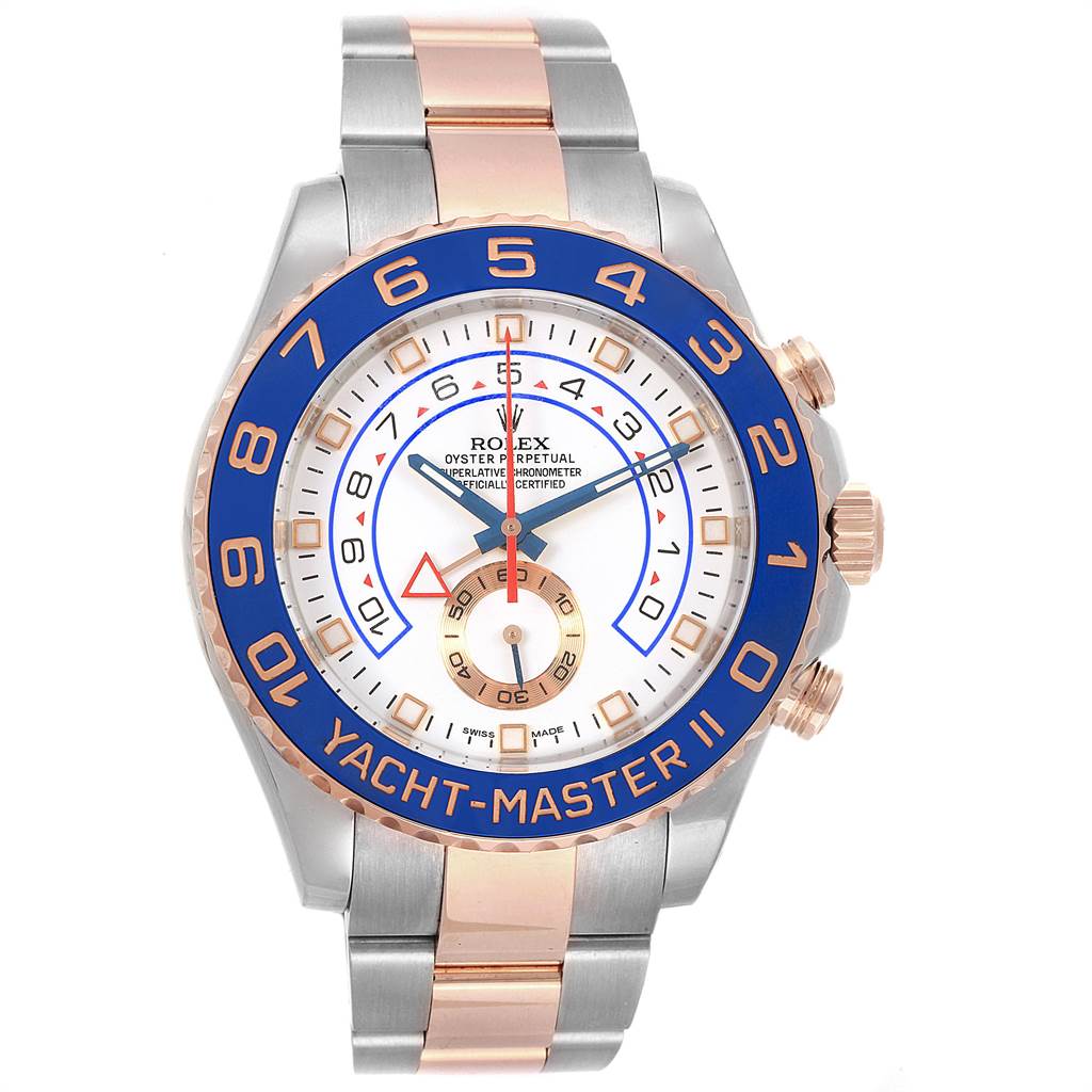 Shown is a front view of the Rolex Yacht-Master 116681 Men's Steel and Gold (two tone) White Dial 116681 Men's Steel and Gold (two tone) White Dial II, showcasing the dial, bezel, and part of the bracelet.