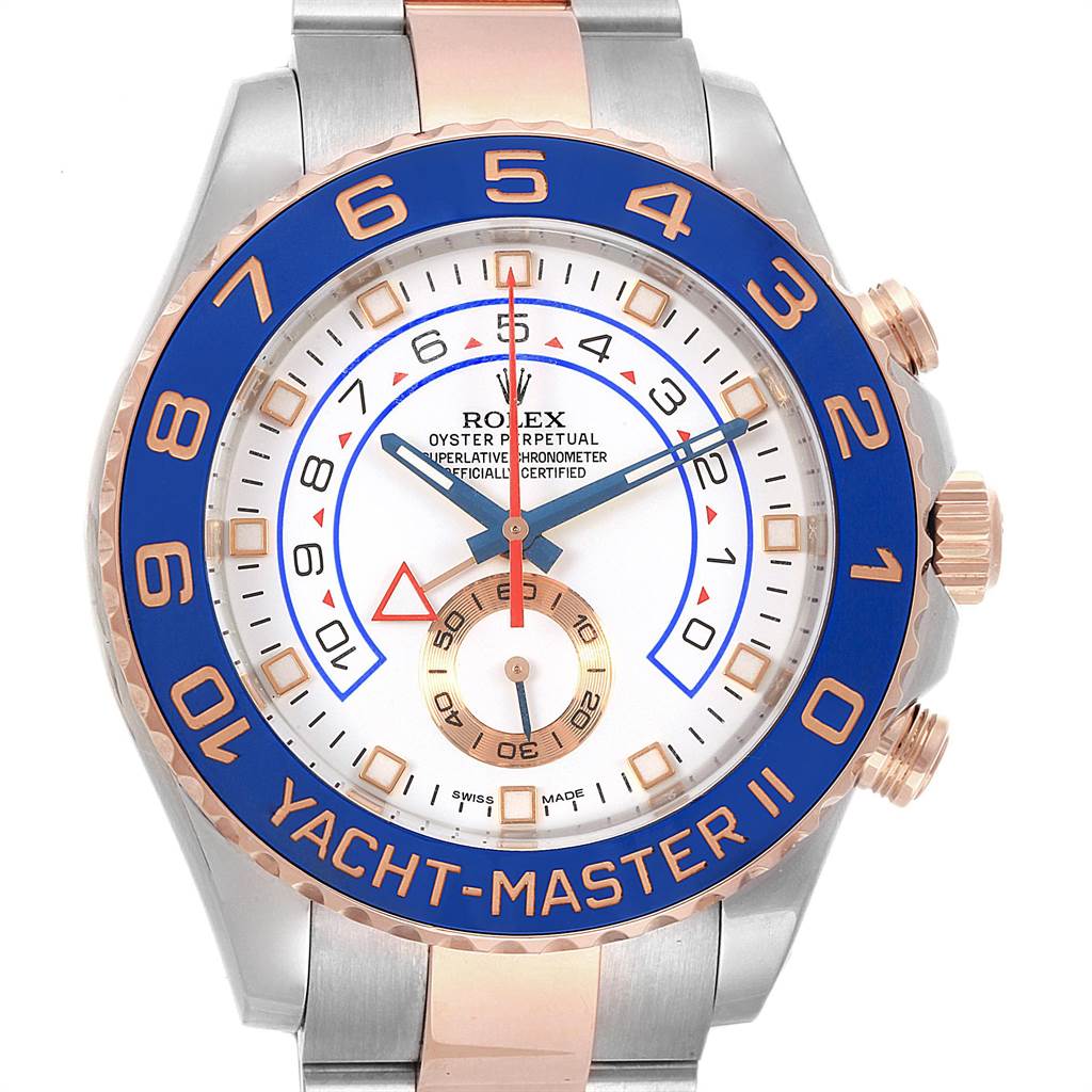 This image shows a frontal view of a Rolex Yacht-Master 116681 Men's Steel and Gold (two tone) White Dial 116681 Men's Steel and Gold (two tone) White Dial model watch, highlighting the face, bezel, and part of the bracelet.