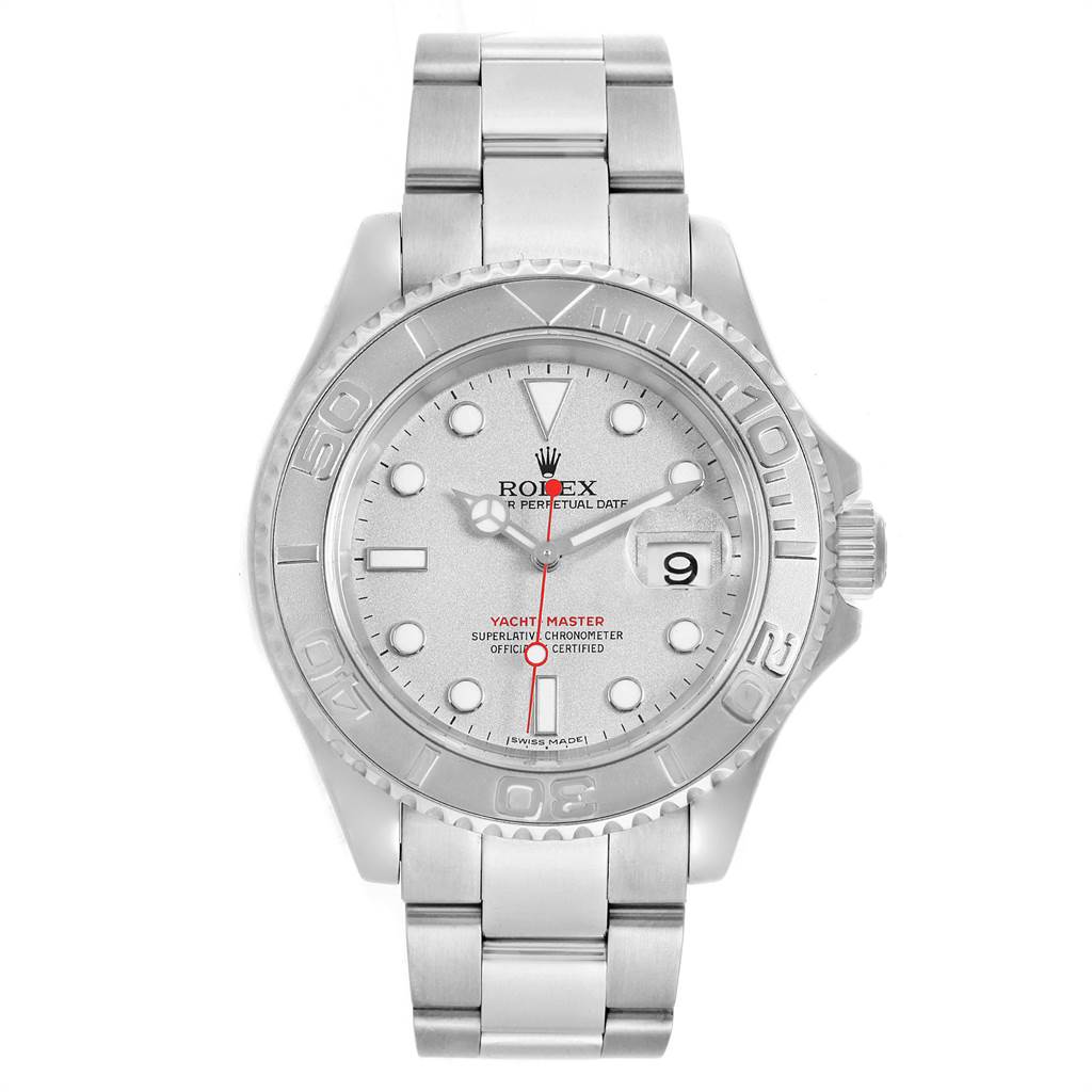 Front view of the Rolex Yacht-Master 16622 Men's Stainless Steel Silver Dial 16622 Men's Stainless Steel Silver Dial watch, showing the dial, bezel, bracelet, hands, and date window.