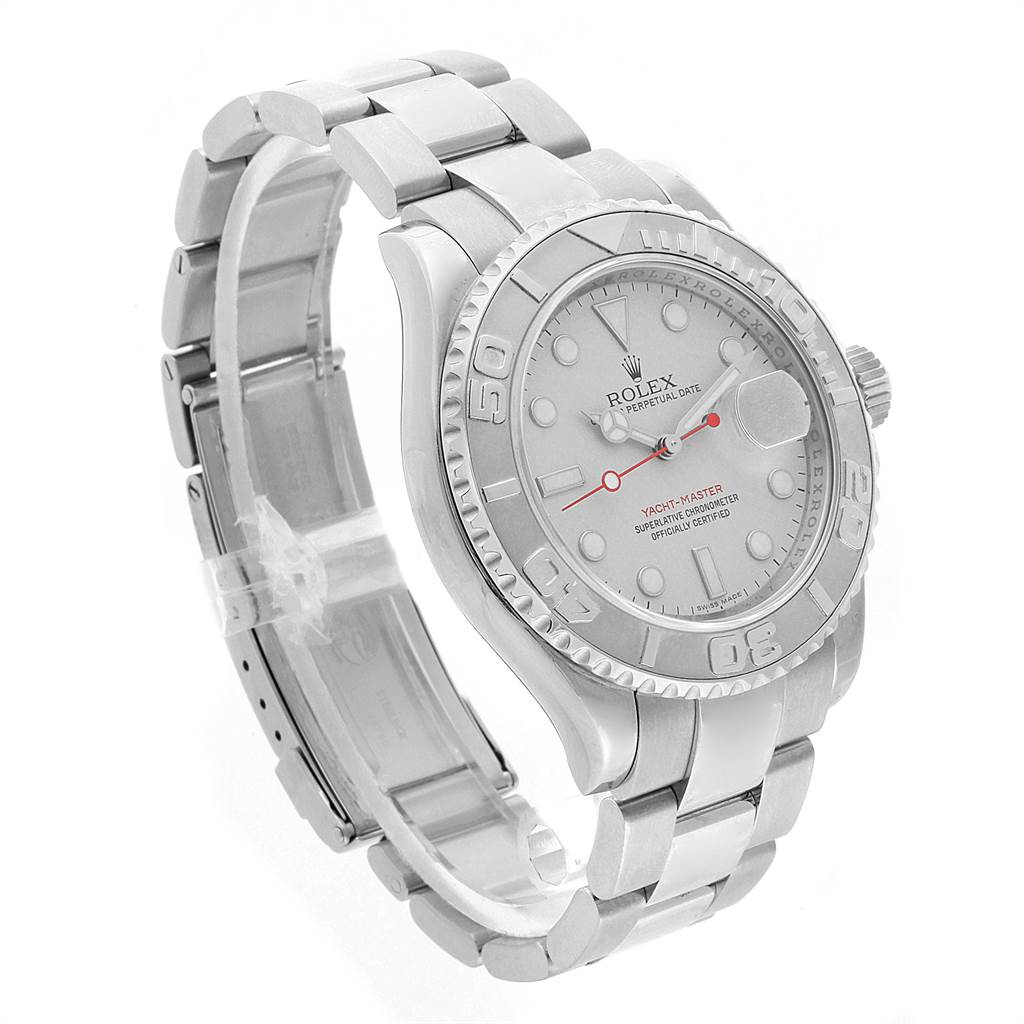 The Rolex Yacht-Master 16622 Men's Stainless Steel Silver Dial 16622 Men's Stainless Steel Silver Dial watch is shown at a slight angle, highlighting its face, bezel, and bracelet.