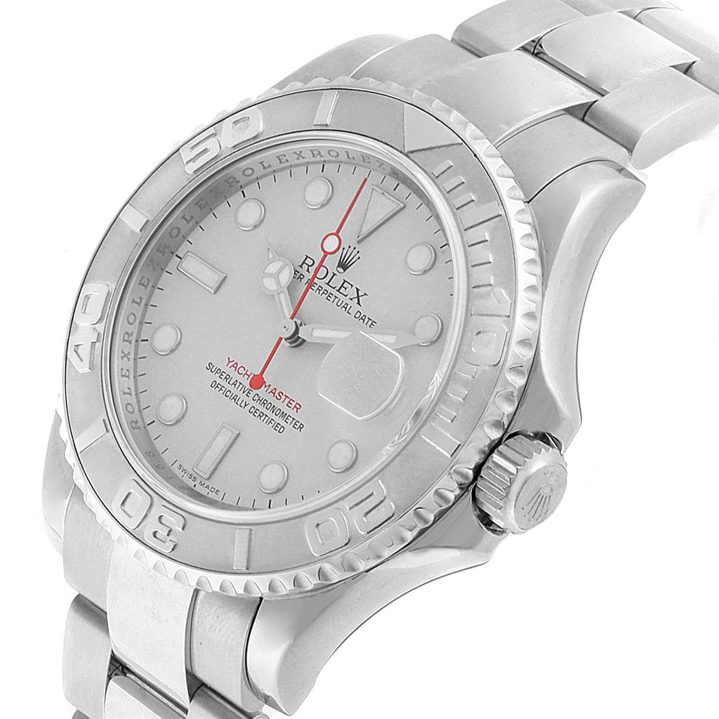 The Rolex Yacht-Master 16622 Men's Stainless Steel Silver Dial 16622 Men's Stainless Steel Silver Dial watch is shown at a slight angle, displaying the face, bezel, crown, and part of the bracelet.