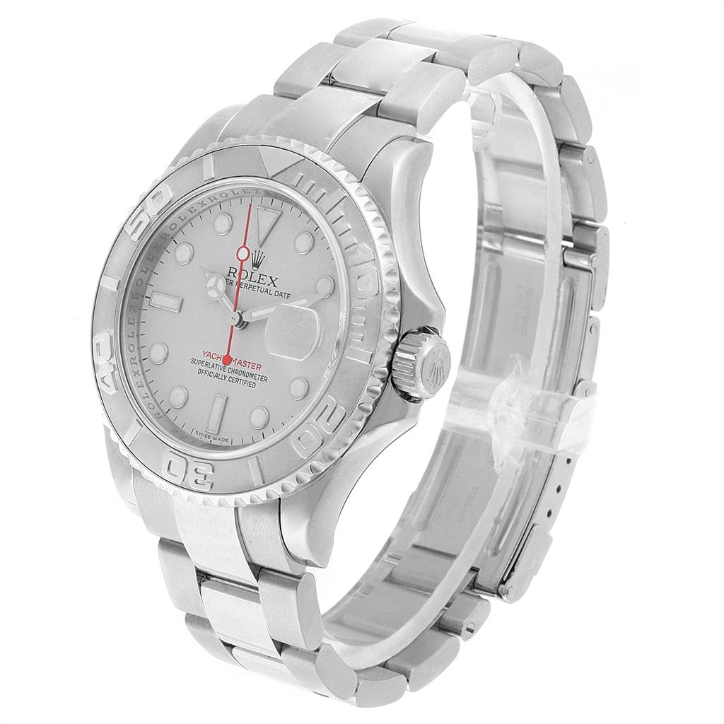 The image shows a Rolex Yacht-Master 16622 Men's Stainless Steel Silver Dial 16622 Men's Stainless Steel Silver Dial watch at a slight angle, featuring its face, bezel, and part of the bracelet.