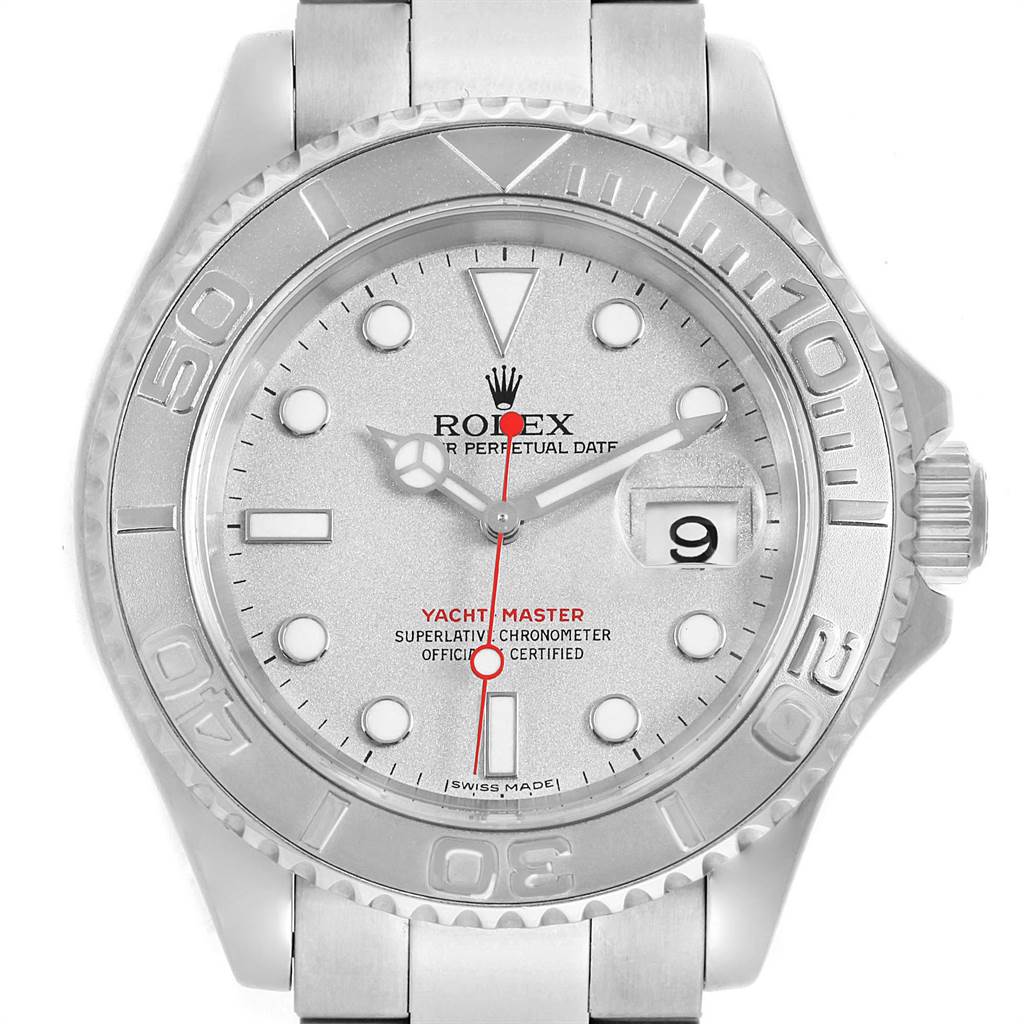 This image shows a frontal view of a Rolex Yacht-Master 16622 Men's Stainless Steel Silver Dial 16622 Men's Stainless Steel Silver Dial watch, highlighting its dial, bezel, and bracelet.