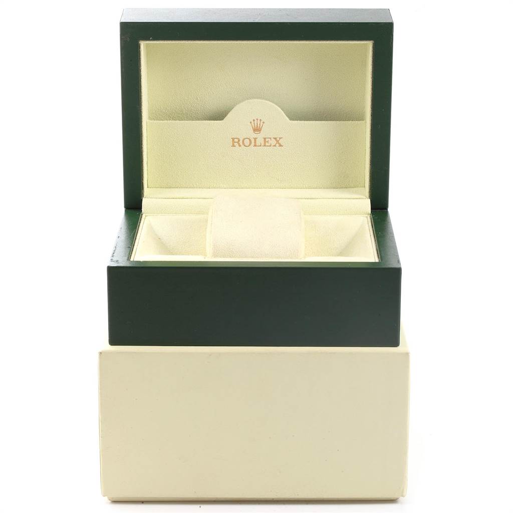 This image shows an open green and beige Rolex Yacht-Master 16622 Men's Stainless Steel Silver Dial 16622 Men's Stainless Steel Silver Dial watch box.