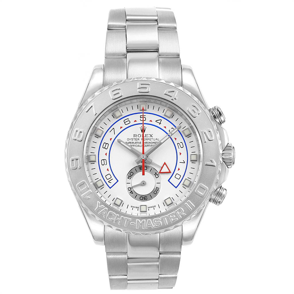 The image shows a front view of a Rolex Yacht-Master 116689 Men's White Gold White Dial 116689 Men's White Gold White Dial II watch, featuring its face, bezel, and bracelet.