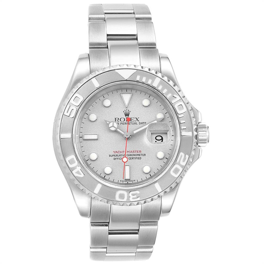 This is a front view of a Rolex Yacht-Master 16622 Men's Stainless Steel Silver Dial 16622 Men's Stainless Steel Silver Dial watch, showing the face, bezel, bracelet, and crown.