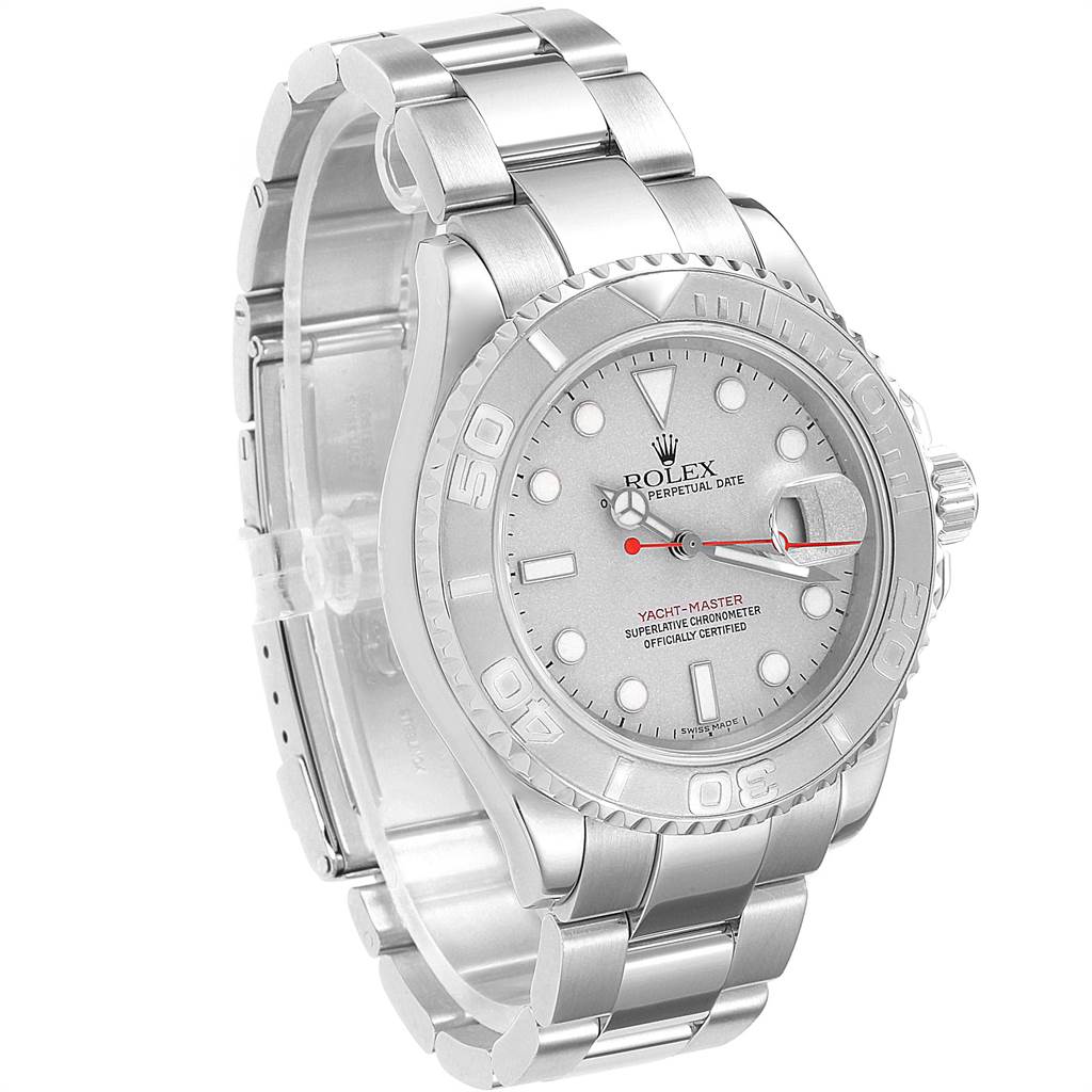 The image shows a Rolex Yacht-Master 16622 Men's Stainless Steel Silver Dial 16622 Men's Stainless Steel Silver Dial watch from a right-side angle, highlighting its case, dial, bezel, and bracelet.