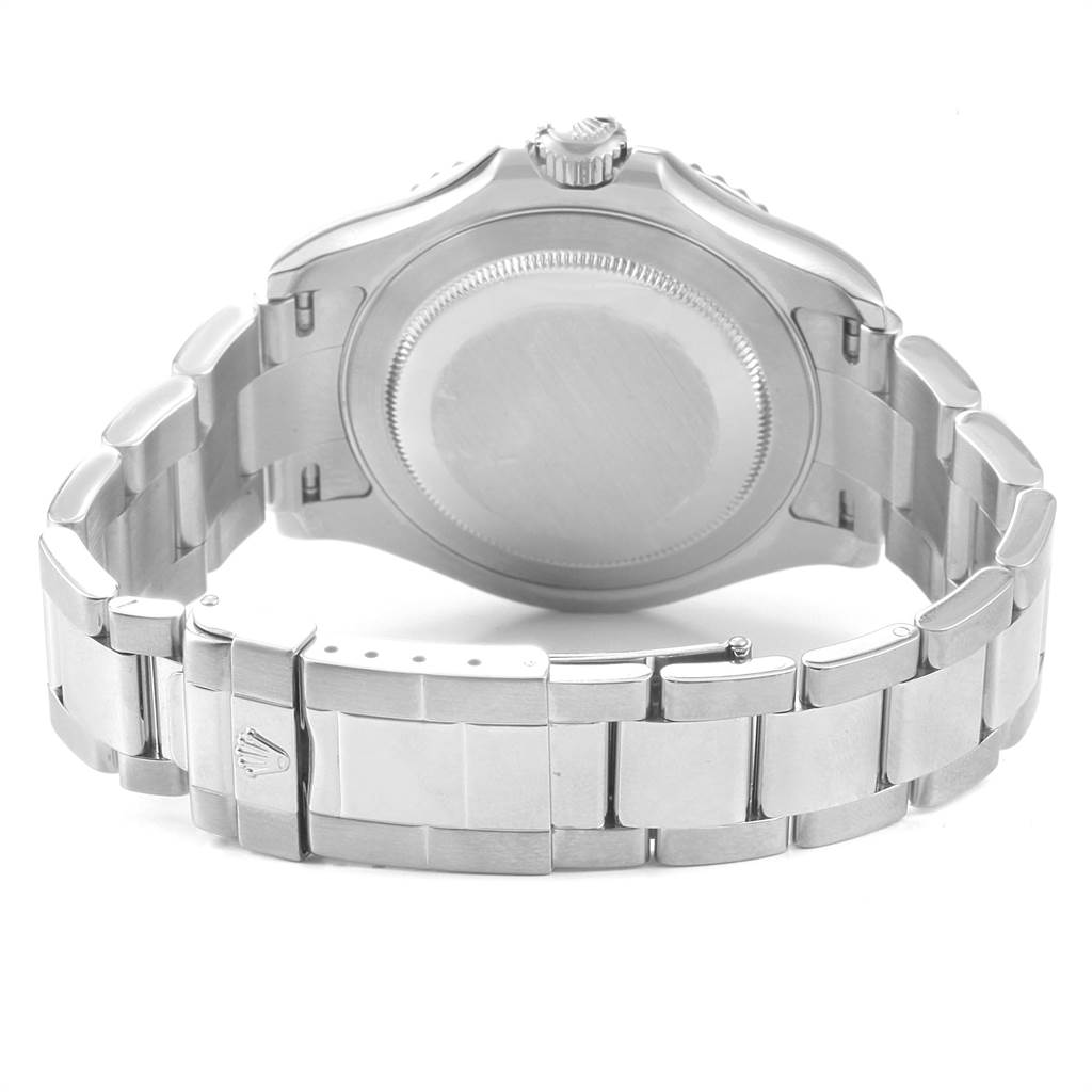 This image shows the back view of a Rolex Yacht-Master 16622 Men's Stainless Steel Silver Dial 16622 Men's Stainless Steel Silver Dial watch, highlighting the case back and the metal bracelet.