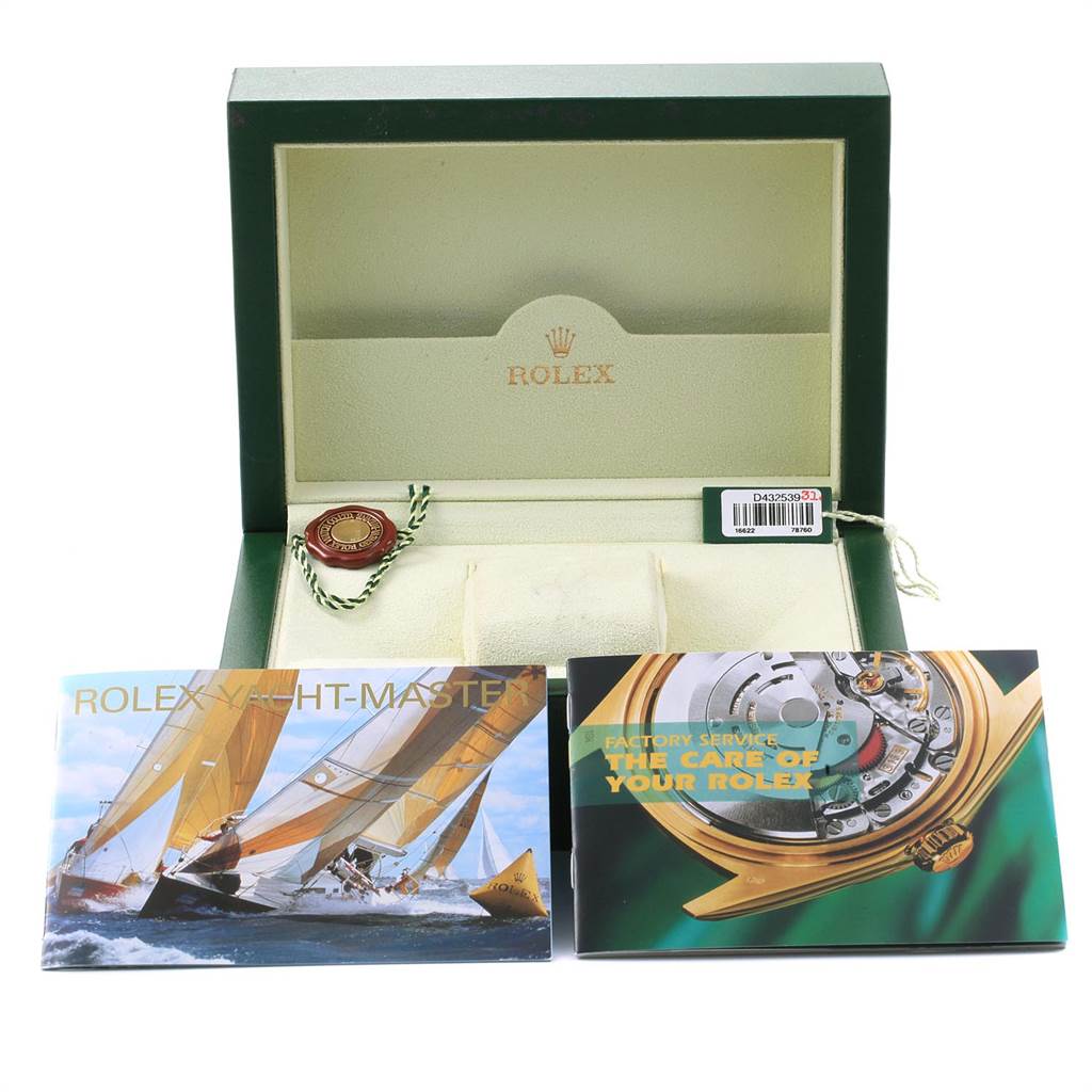 The image shows an open Rolex Yacht-Master 16622 Men's Stainless Steel Silver Dial 16622 Men's Stainless Steel Silver Dial watch box with booklets and a Rolex tag.