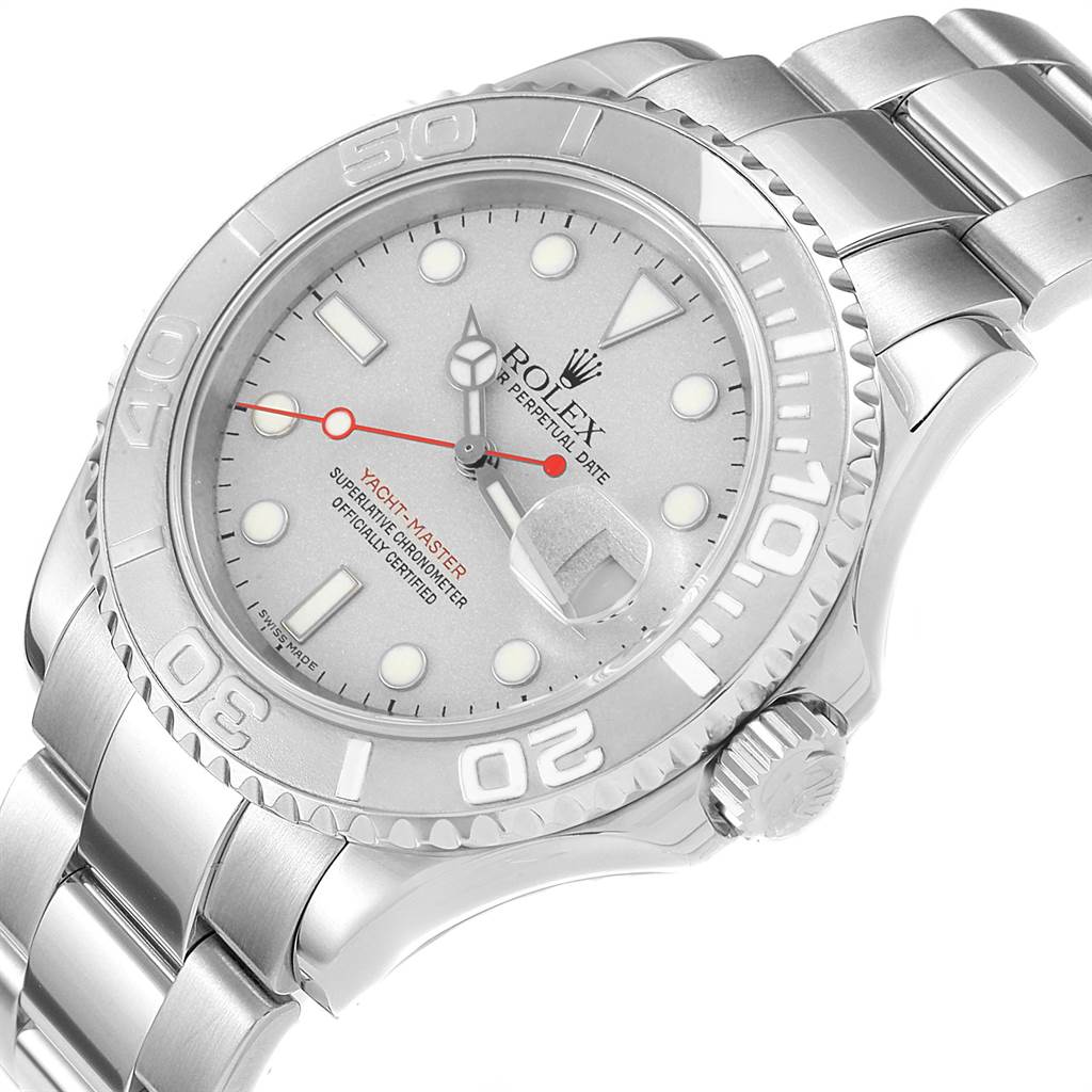 This image shows a top-view angle of the Rolex Yacht-Master 16622 Men's Stainless Steel Silver Dial 16622 Men's Stainless Steel Silver Dial watch, highlighting its silver bezel, dial, and bracelet.