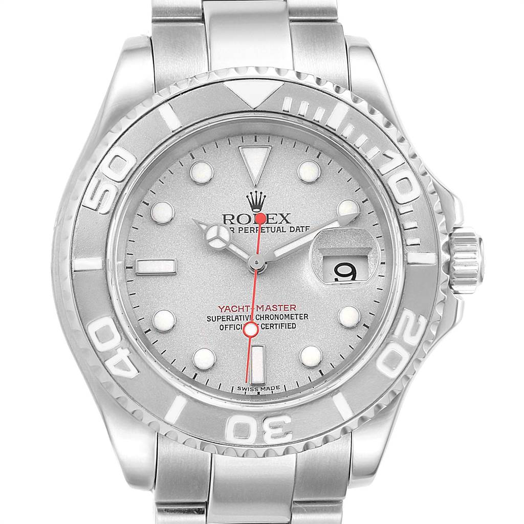 The image shows a front view of a Rolex Yacht-Master 16622 Men's Stainless Steel Silver Dial 16622 Men's Stainless Steel Silver Dial watch with a silver dial, date window, and stainless steel bracelet.