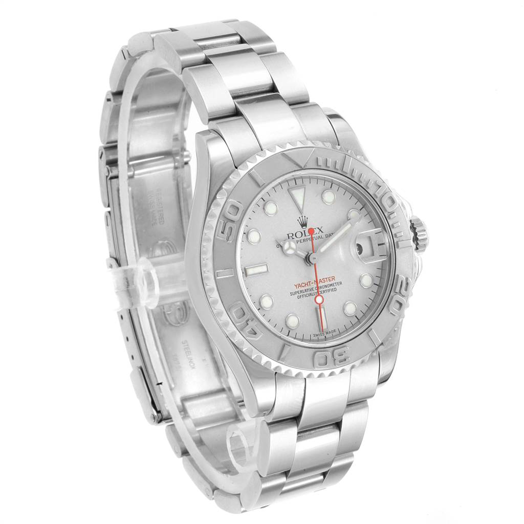 The image shows a Rolex Yacht-Master 168622 Men's Stainless Steel Silver Dial 168622 Men's Stainless Steel Silver Dial watch at an angled side view, displaying its dial, bezel, bracelet, and crown.