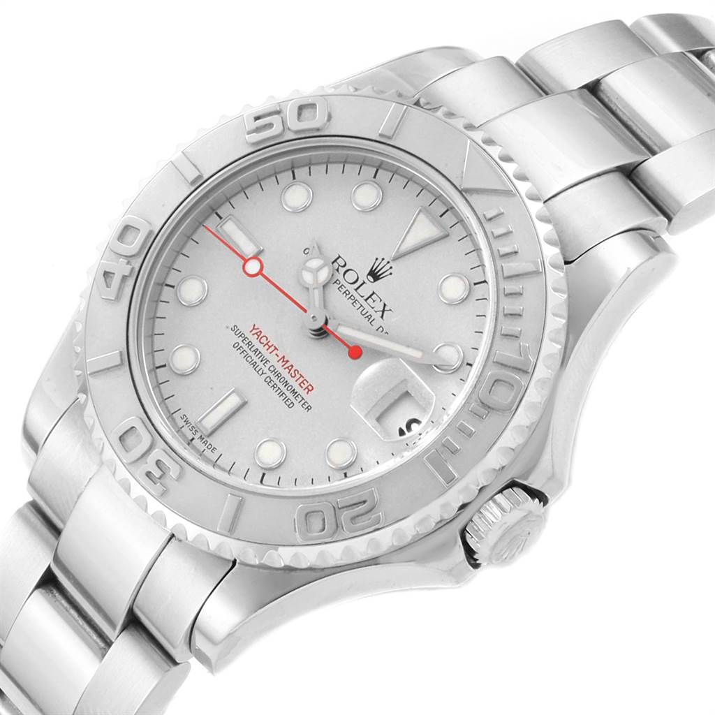 The Rolex Yacht-Master 168622 Men's Stainless Steel Silver Dial 168622 Men's Stainless Steel Silver Dial watch is shown at a slightly tilted angle, displaying the face, bezel, crown, and part of the bracelet.