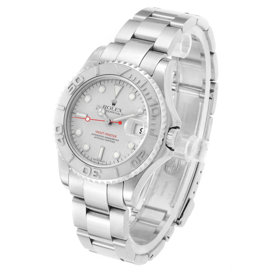 The image shows a Rolex Yacht-Master 168622 Men's Stainless Steel Silver Dial 168622 Men's Stainless Steel Silver Dial watch at a three-quarter angle, highlighting the dial, bezel, bracelet, and crown.