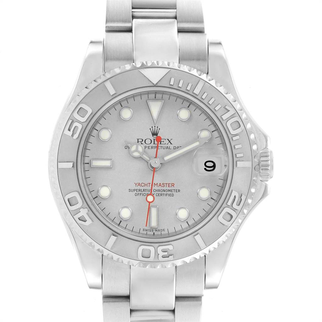 This image shows a frontal view of the Rolex Yacht-Master 168622 Men's Stainless Steel Silver Dial 168622 Men's Stainless Steel Silver Dial watch, highlighting its dial, bezel, and bracelet.