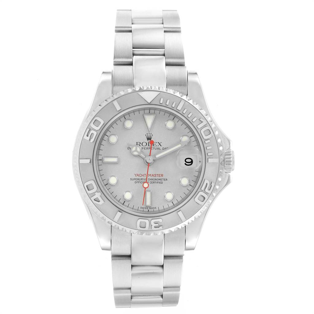 This Yacht-Master Rolex watch is shown from a front angle, displaying the dial, bezel, case, and bracelet.