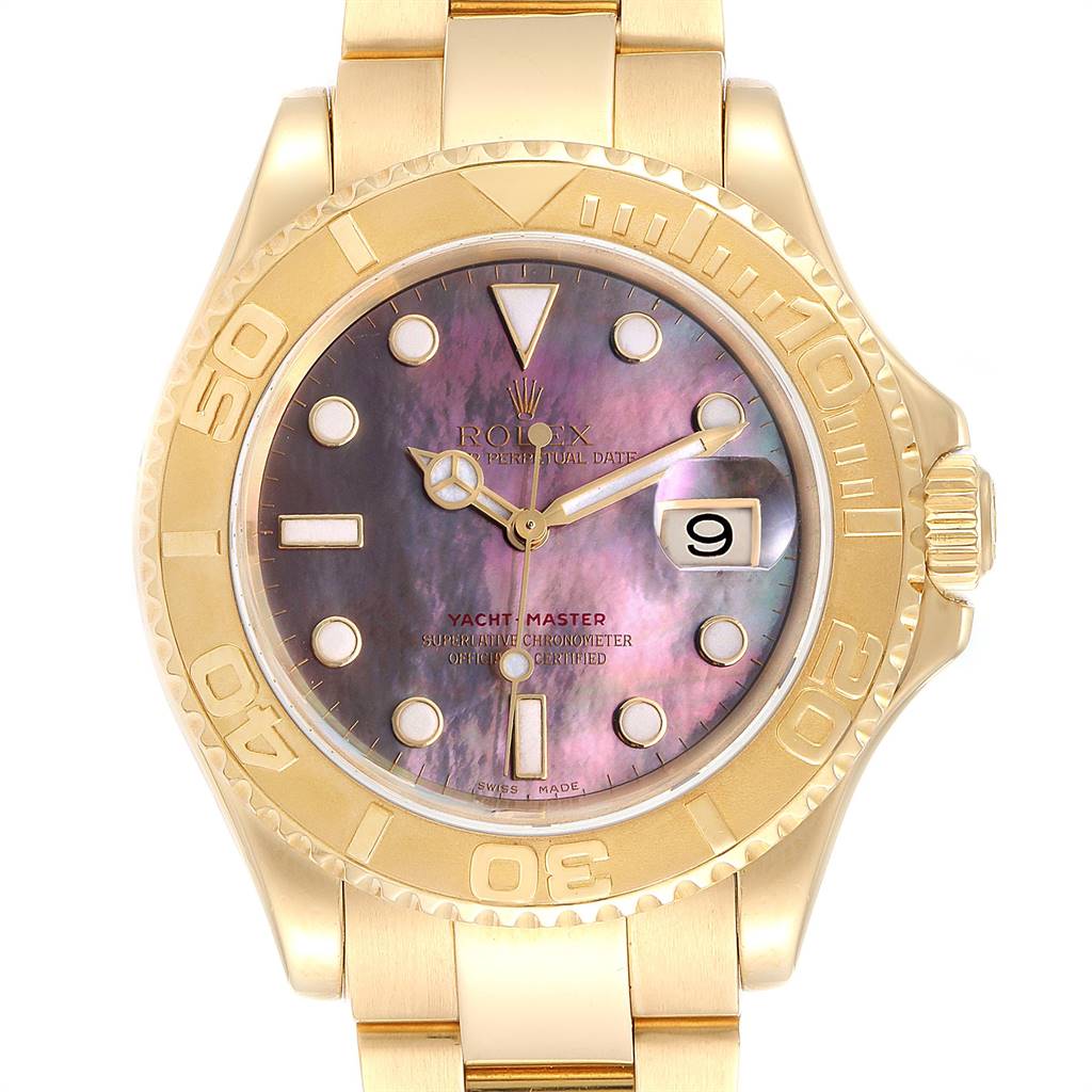 The image shows a front view of the Rolex Yacht-Master 16628 Men's Yellow Gold Mother of Pearl Dial 16628 Men's Yellow Gold Mother of Pearl Dial watch, highlighting the dial, hands, bezel, and bracelet.