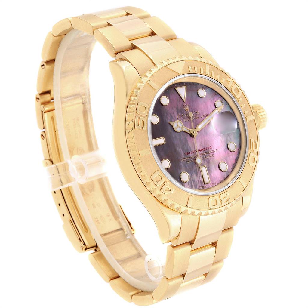 The image shows a Rolex Yacht-Master 16628 Men's Yellow Gold Mother of Pearl Dial 16628 Men's Yellow Gold Mother of Pearl Dial watch at an angled view, highlighting its gold case, bracelet, and purple dial.