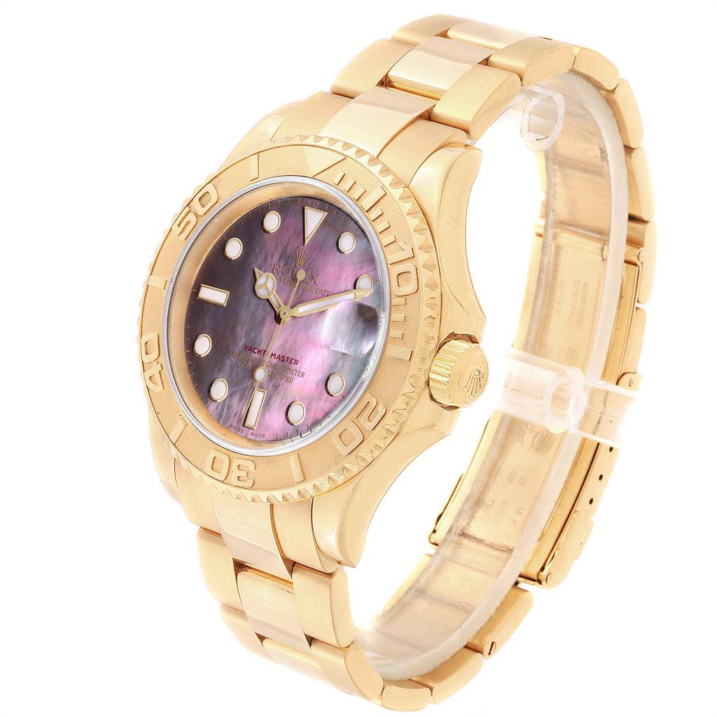 The image shows a Rolex Yacht-Master 16628 Men's Yellow Gold Mother of Pearl Dial 16628 Men's Yellow Gold Mother of Pearl Dial watch at a slight angle, displaying its face, bezel, and part of the bracelet.