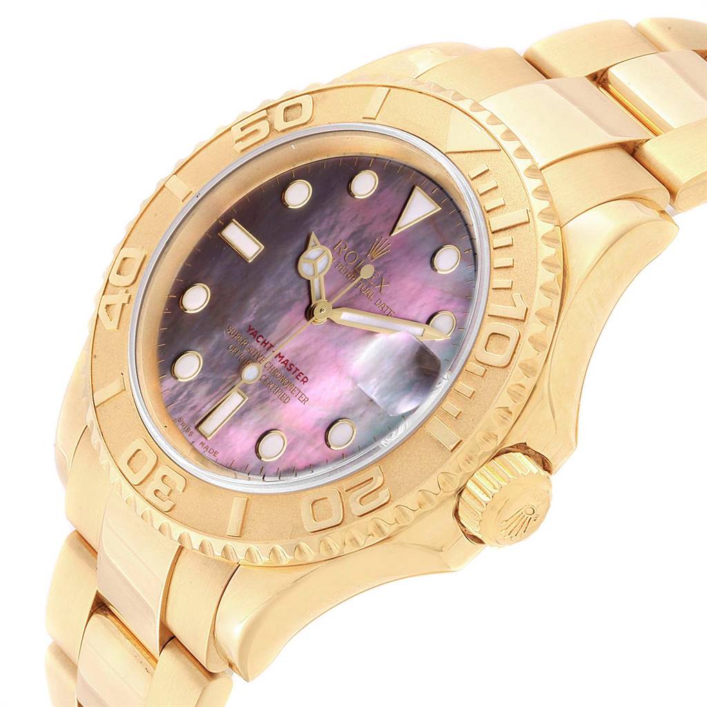 The image shows the Rolex Yacht-Master 16628 Men's Yellow Gold Mother of Pearl Dial 16628 Men's Yellow Gold Mother of Pearl Dial watch at a slight angle, highlighting its gold case, bezel, bracelet, and mother-of-pearl dial.