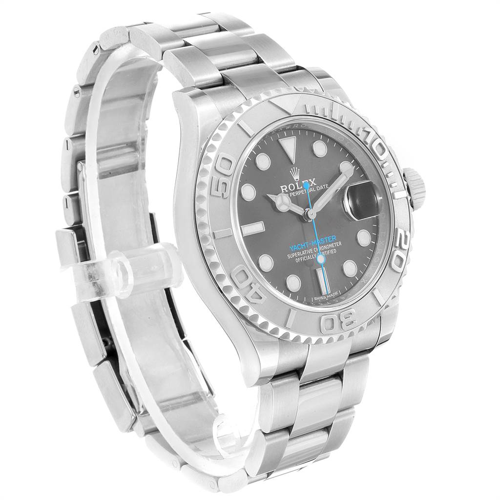 The Rolex Yacht-Master 116622 Men
s Stainless Steel Grey Dial 116622 Men
s Stainless Steel Grey Dial watch is shown at a slight angle, displaying the face, bezel, and part of the bracelet.