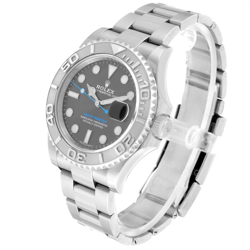 The Rolex Yacht-Master 116622 Men
s Stainless Steel Grey Dial 116622 Men
s Stainless Steel Grey Dial watch is shown at a slight front-side angle, displaying the face, band, and bezel.