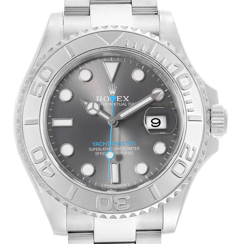 This image shows a front view of a Rolex Yacht-Master 116622 Men
s Stainless Steel Grey Dial 116622 Men
s Stainless Steel Grey Dial watch, displaying the dial, bezel, and part of the bracelet.