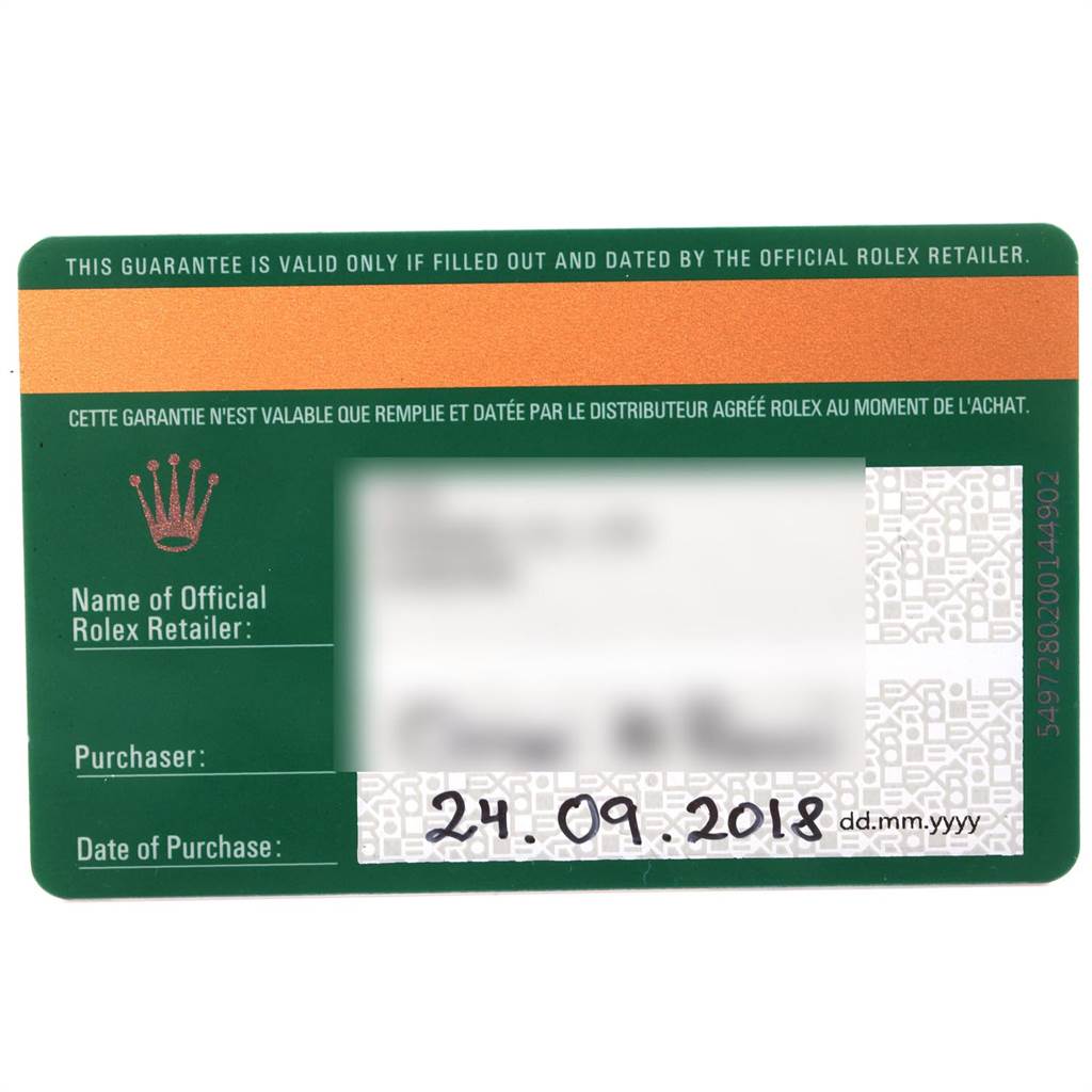 The image shows a warranty card for a Rolex Yacht-Master 116622 Men
s Stainless Steel Grey Dial 116622 Men
s Stainless Steel Grey Dial watch, including the brand logo and date of purchase.