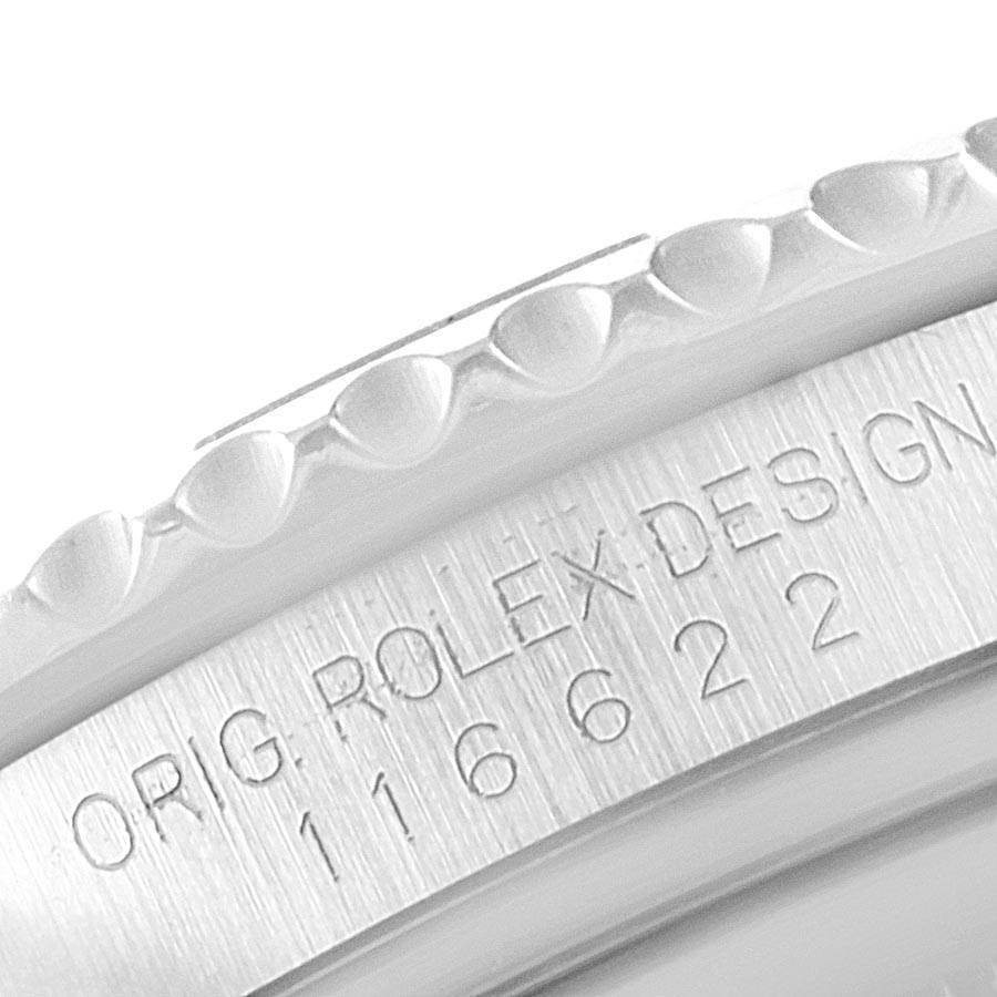 This close-up image shows the engraved side of the bezel and case of the Rolex Yacht-Master 116622 Men
s Stainless Steel Grey Dial 116622 Men
s Stainless Steel Grey Dial watch.