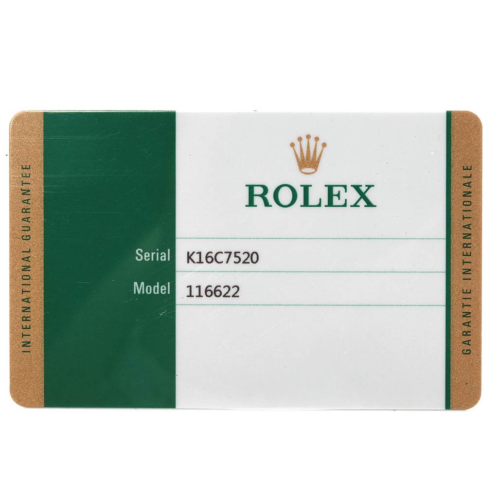 This image shows a Rolex guarantee card displaying the serial number and model number for the Yacht-Master watch model 116622.