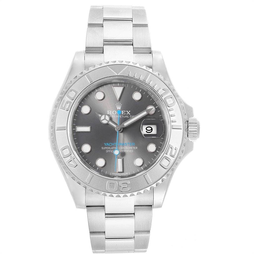 The Rolex Yacht-Master 116622 Men
s Stainless Steel Grey Dial 116622 Men
s Stainless Steel Grey Dial watch is shown in a front angle, displaying its dial, bezel, date window, and bracelet.
