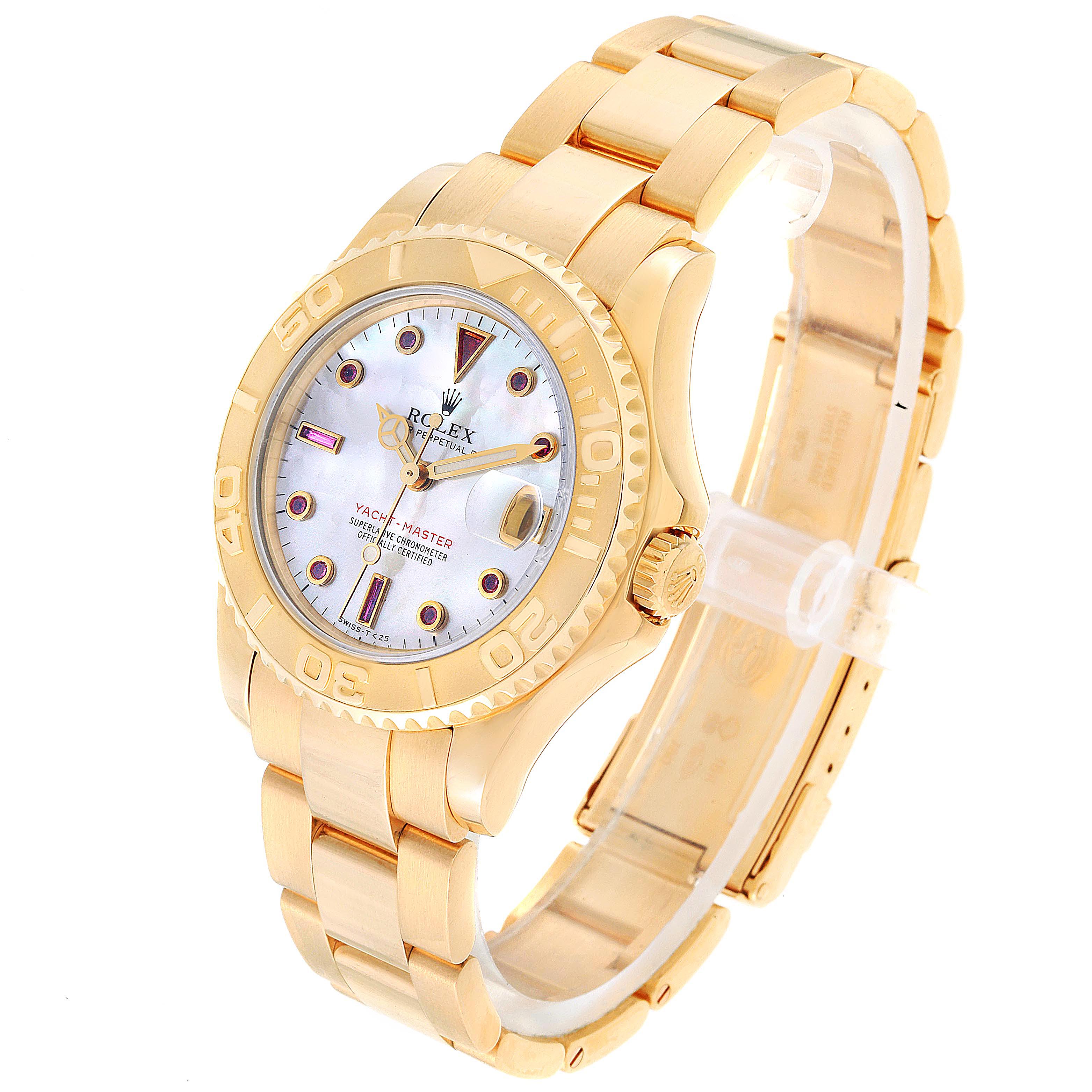 The image shows a Rolex Yacht-Master 68628 Men
s Yellow Gold Mother of Pearl Dial 68628 Men
s Yellow Gold Mother of Pearl Dial watch at a slight angle, highlighting its gold bezel, crown, and bracelet.