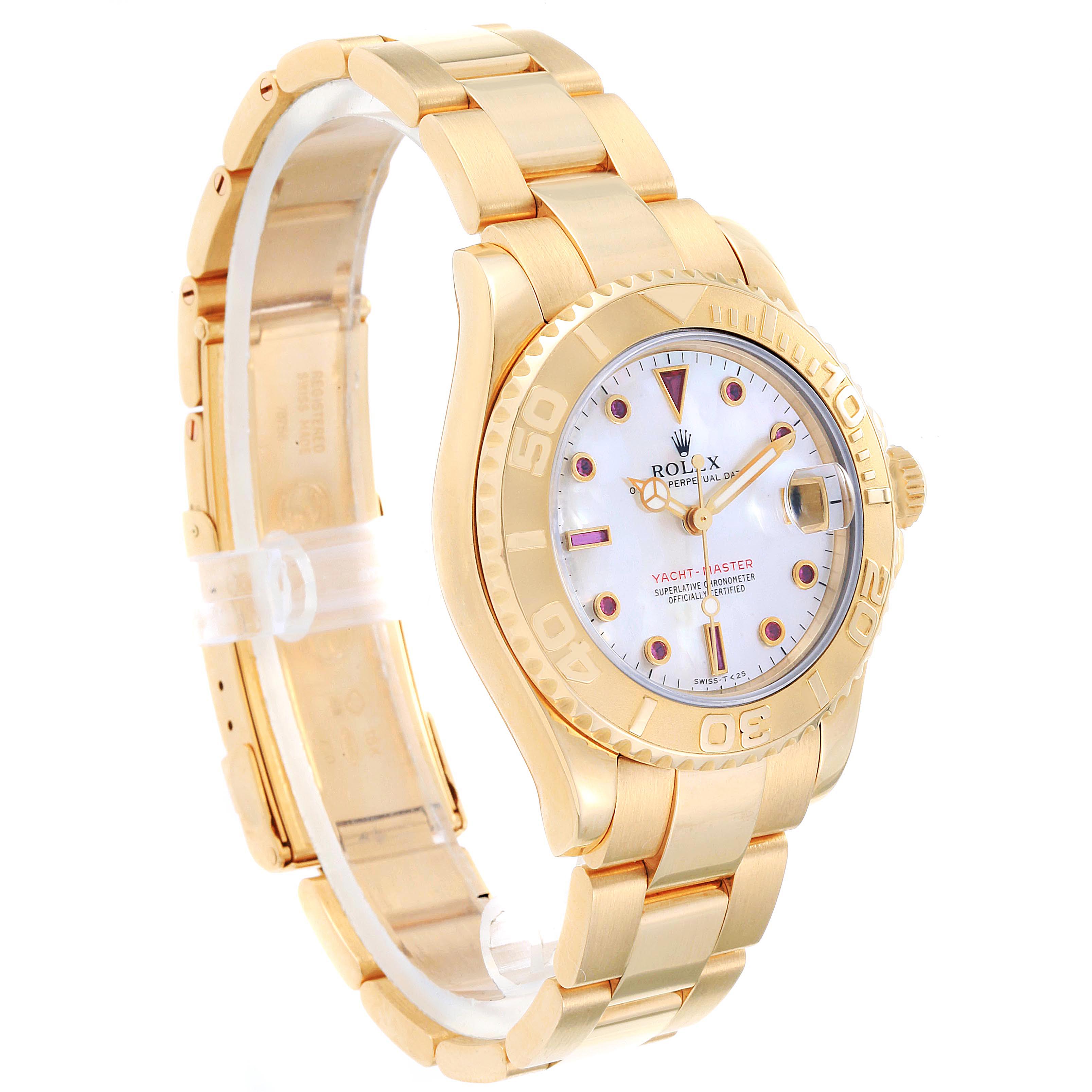 This Rolex Yacht-Master 68628 Men
s Yellow Gold Mother of Pearl Dial 68628 Men
s Yellow Gold Mother of Pearl Dial watch is shown at a slight angle, highlighting the watch face, bezel, and gold bracelet.