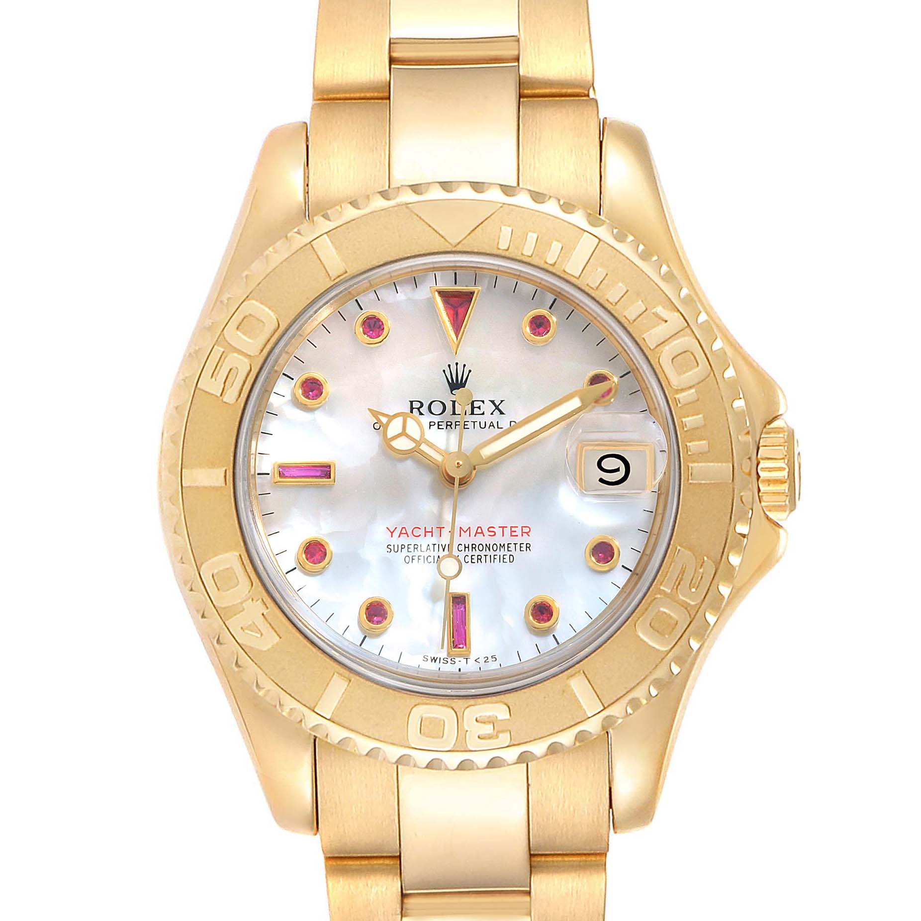 The image shows a front view of a Rolex Yacht-Master 68628 Men
s Yellow Gold Mother of Pearl Dial 68628 Men
s Yellow Gold Mother of Pearl Dial watch, highlighting the dial, bezel, and bracelet.
