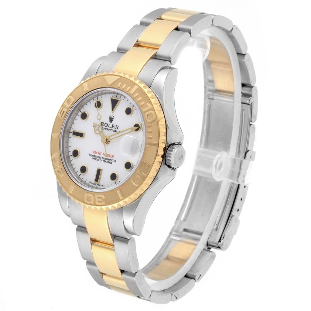 The image shows a side angle of the Rolex Yacht-Master 168623 Men
s Steel and Gold (two tone) White Dial 168623 Men
s Steel and Gold (two tone) White Dial watch, highlighting its two-tone bracelet and bezel.