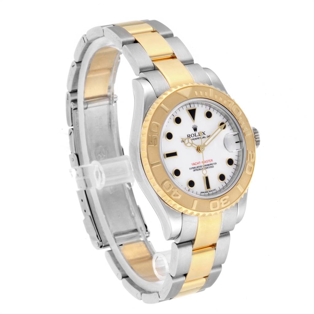 The Yacht-Master Rolex watch is shown from a three-quarter angle, displaying its face, bezel, and two-tone bracelet.