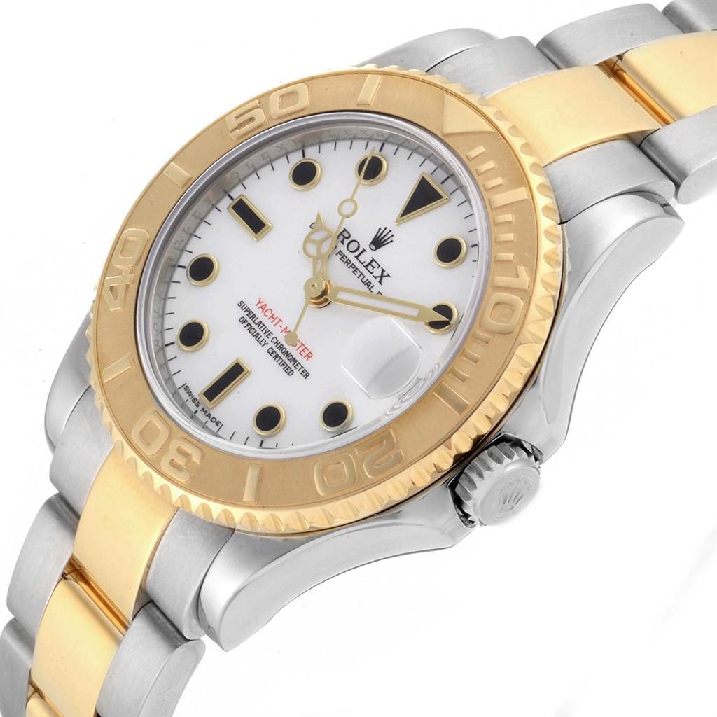 The image shows a close-up angle of the Rolex Yacht-Master 168623 Men
s Steel and Gold (two tone) White Dial 168623 Men
s Steel and Gold (two tone) White Dial, focusing on the dial, bezel, and part of the bracelet.