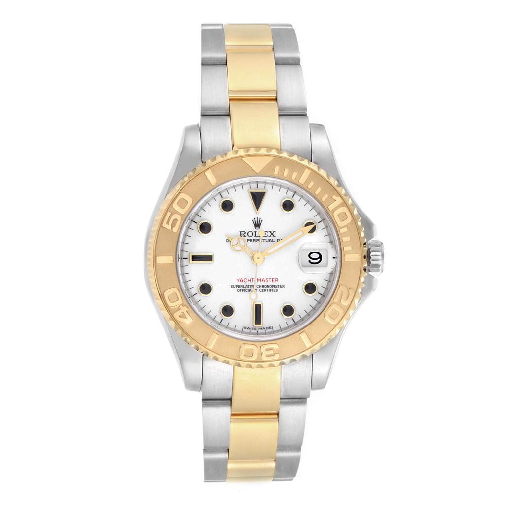 The image shows a front view of a Rolex Yacht-Master 168623 Men
s Steel and Gold (two tone) White Dial 168623 Men
s Steel and Gold (two tone) White Dial watch, highlighting its two-tone bracelet, dial, and bezel.
