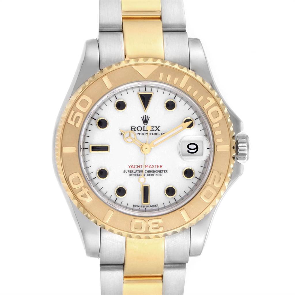This is a front view of a Rolex Yacht-Master 168623 Men
s Steel and Gold (two tone) White Dial 168623 Men
s Steel and Gold (two tone) White Dial watch, showing the dial, bezel, and band.