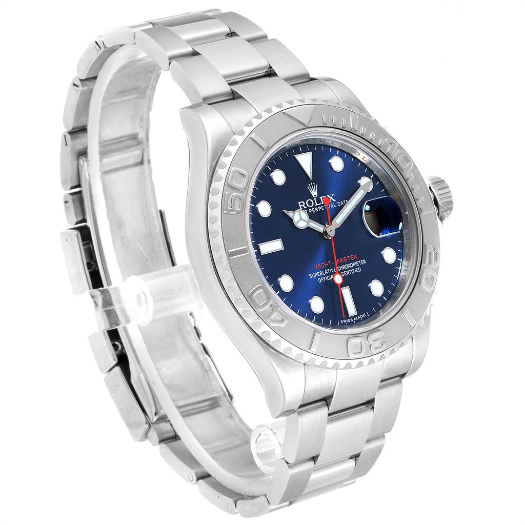 This image shows a Rolex Yacht-Master 116622 Men
s Stainless Steel Blue Dial 116622 Men
s Stainless Steel Blue Dial watch from a three-quarter angle, highlighting the face, bezel, and stainless steel bracelet.