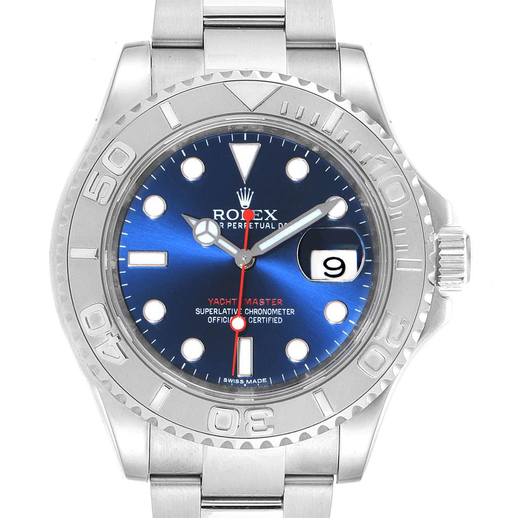 This image shows a front view of a Rolex Yacht-Master 116622 Men
s Stainless Steel Blue Dial 116622 Men
s Stainless Steel Blue Dial watch displaying the dial, bezel, crown, and part of the bracelet.