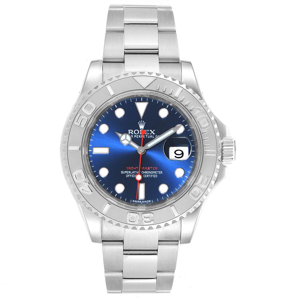 The Rolex Yacht-Master 116622 Men
s Stainless Steel Blue Dial 116622 Men
s Stainless Steel Blue Dial watch is shown from a front angle, displaying the dial, bezel, hands, crown, and bracelet.