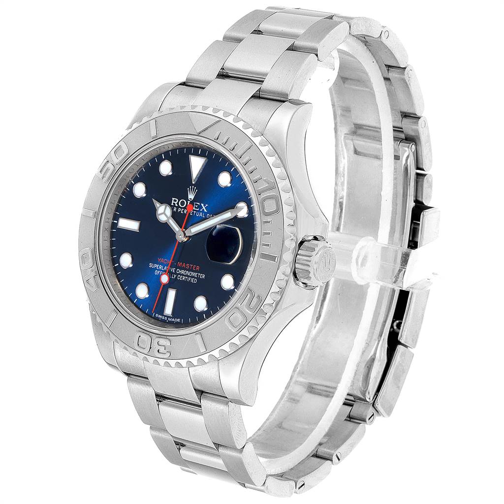 The image shows a Rolex Yacht-Master 116622 Men
s Stainless Steel Blue Dial 116622 Men
s Stainless Steel Blue Dial watch at a slight angle, highlighting the face, bezel, crown, and bracelet. 