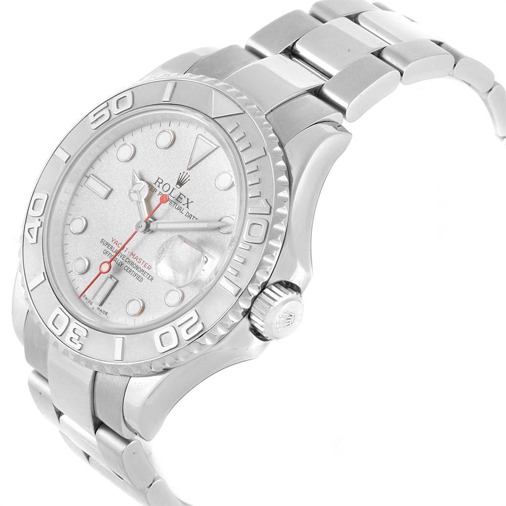 The image shows a Rolex Yacht-Master 16622 Men's Stainless Steel Silver Dial 16622 Men's Stainless Steel Silver Dial watch at an angle, highlighting its silver bezel, dial, bracelet, and crown.