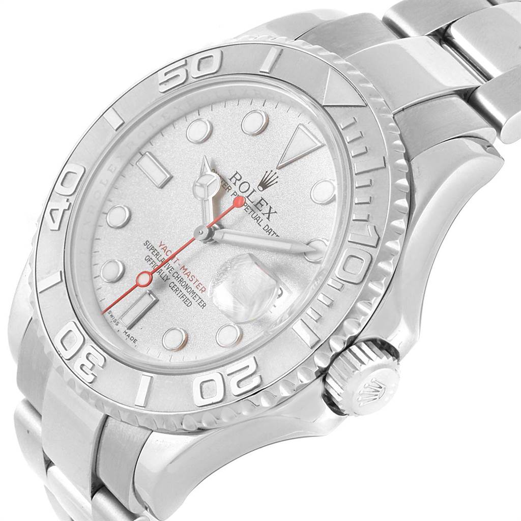 The image shows a close-up angled view of the Rolex Yacht-Master 16622 Men's Stainless Steel Silver Dial 16622 Men's Stainless Steel Silver Dial watch, including the case, bezel, dial, crown, and bracelet.