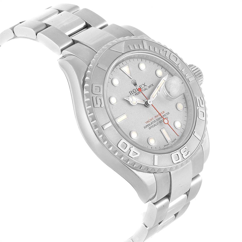 The image shows a Rolex Yacht-Master 16622 Men's Stainless Steel Silver Dial 16622 Men's Stainless Steel Silver Dial watch from a three-quarter angle, highlighting its bezel, dial, and part of the bracelet.